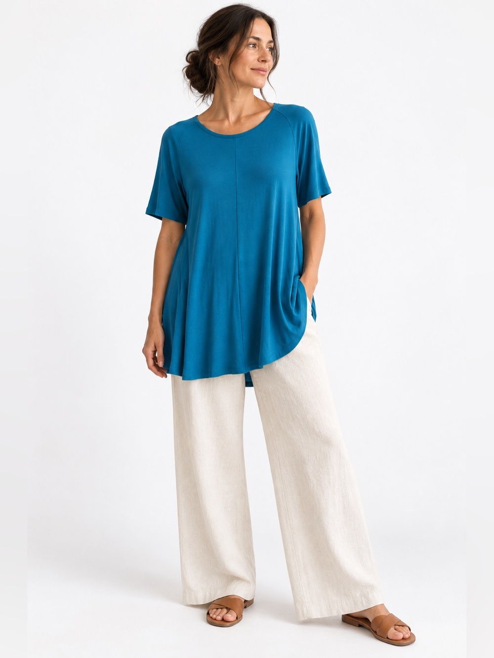 Eileen Fisher Teal Blue Swing Tunic Top M Minimalist Lagenlook Scoop Neck